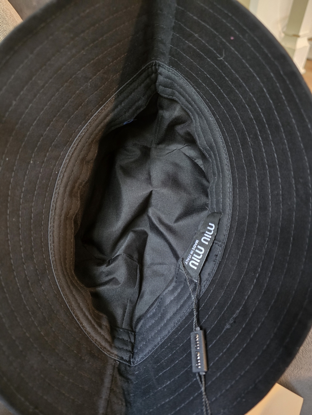 Miu Miu Black Bucket Hat with White Embroidered Logo - Picture 4 of 8